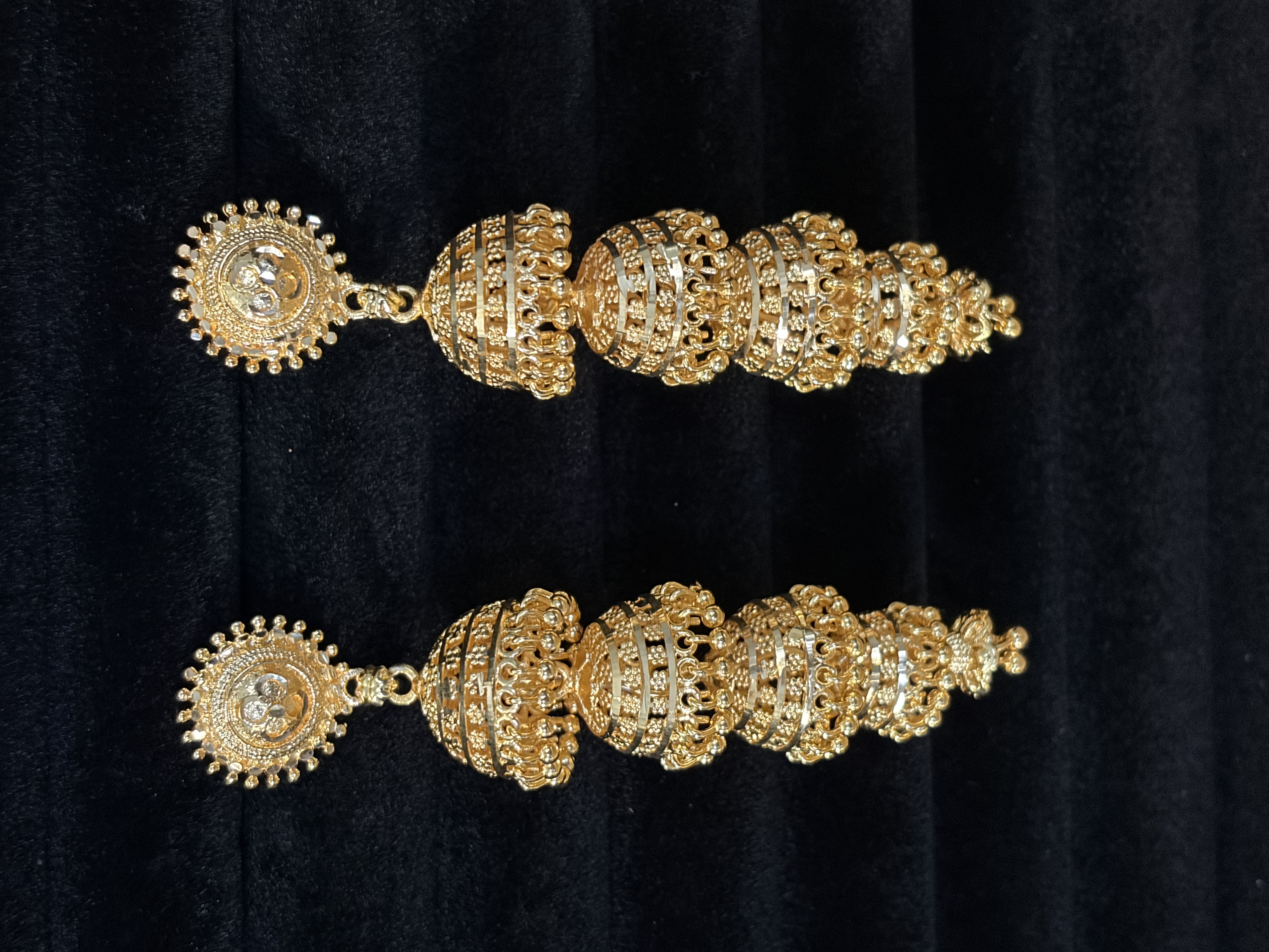 Long Gold Stacked Triple-Bell Jhumka Earrings
