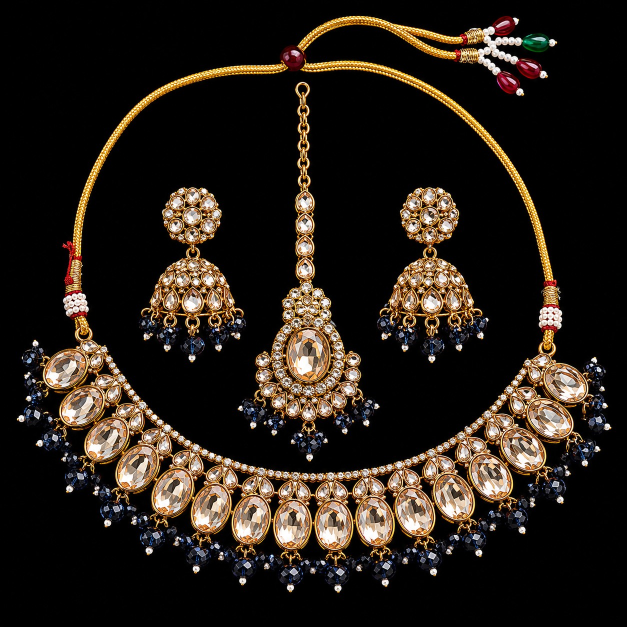Gold Kundan & Black Crystal Necklace Set