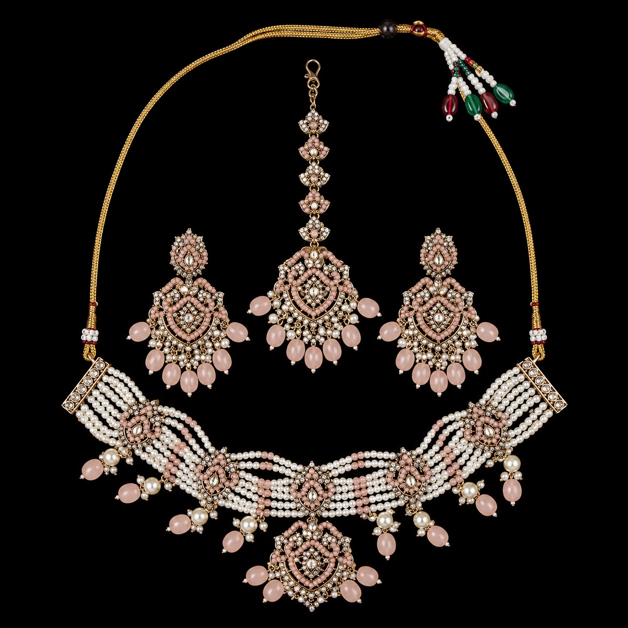 Rose Gold Peach Beaded Statement Necklace Set