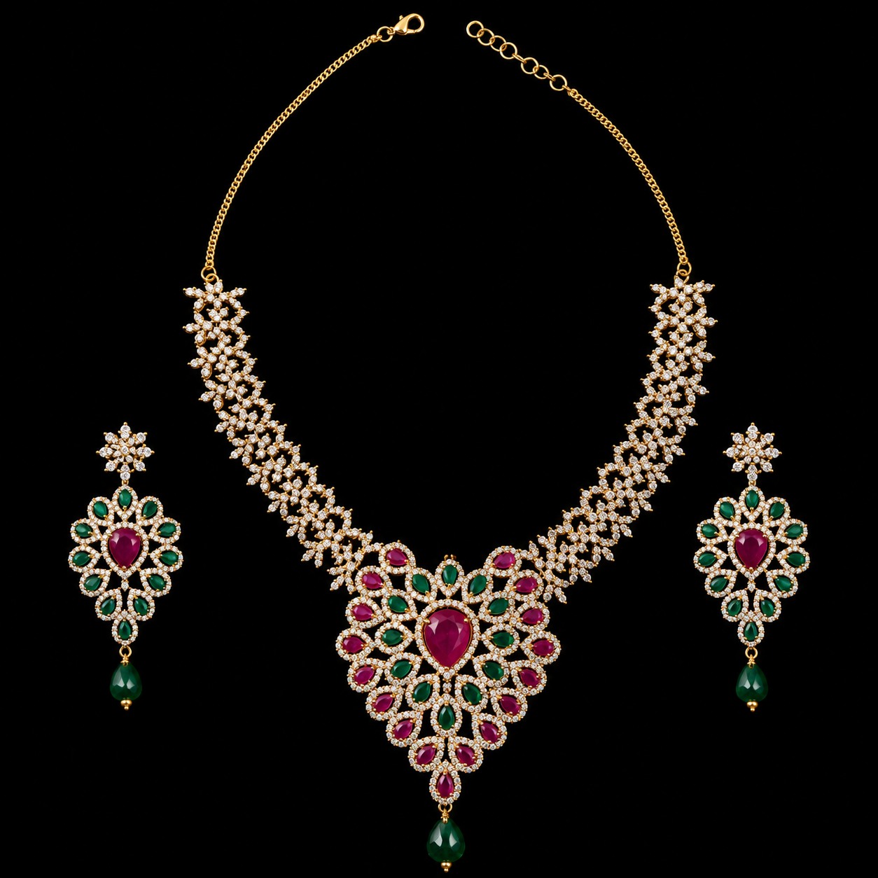 Ruby & Emerald CZ Fan Pendant Choker Set