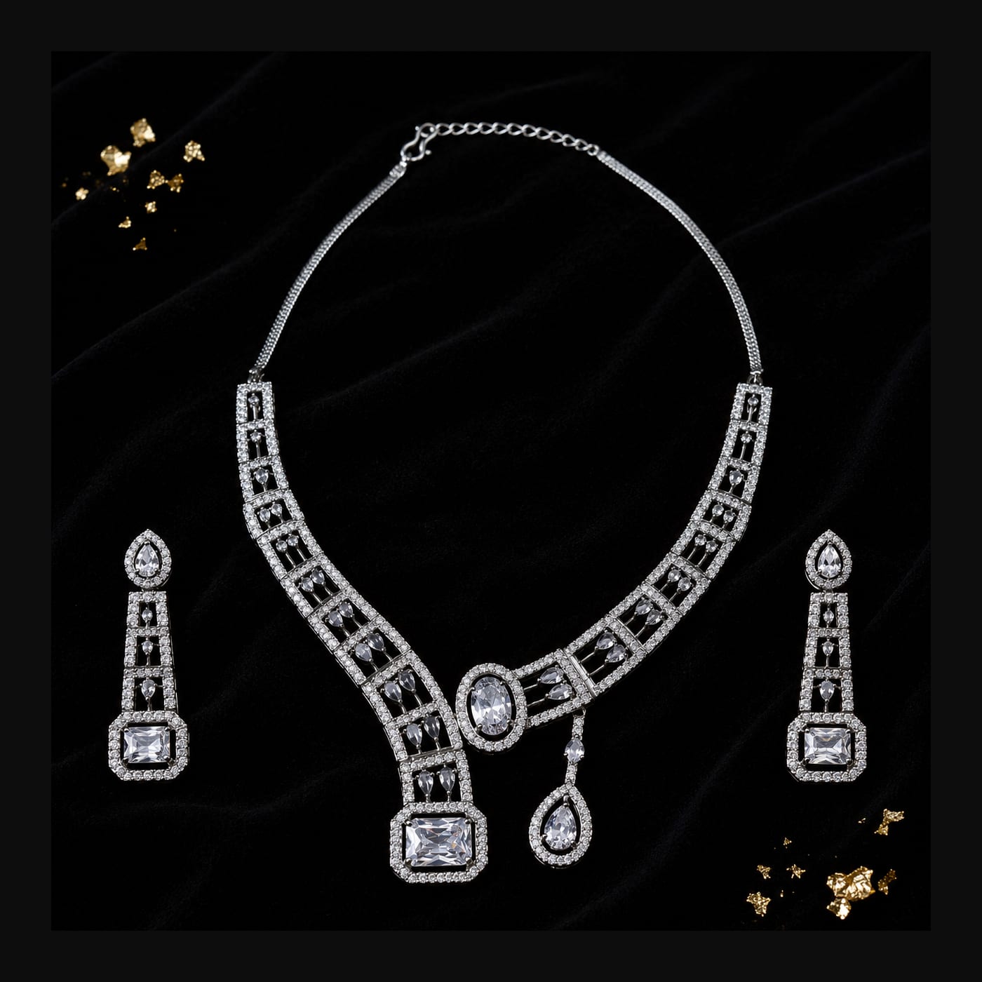 Silver CZ Geometric Statement Necklace Set