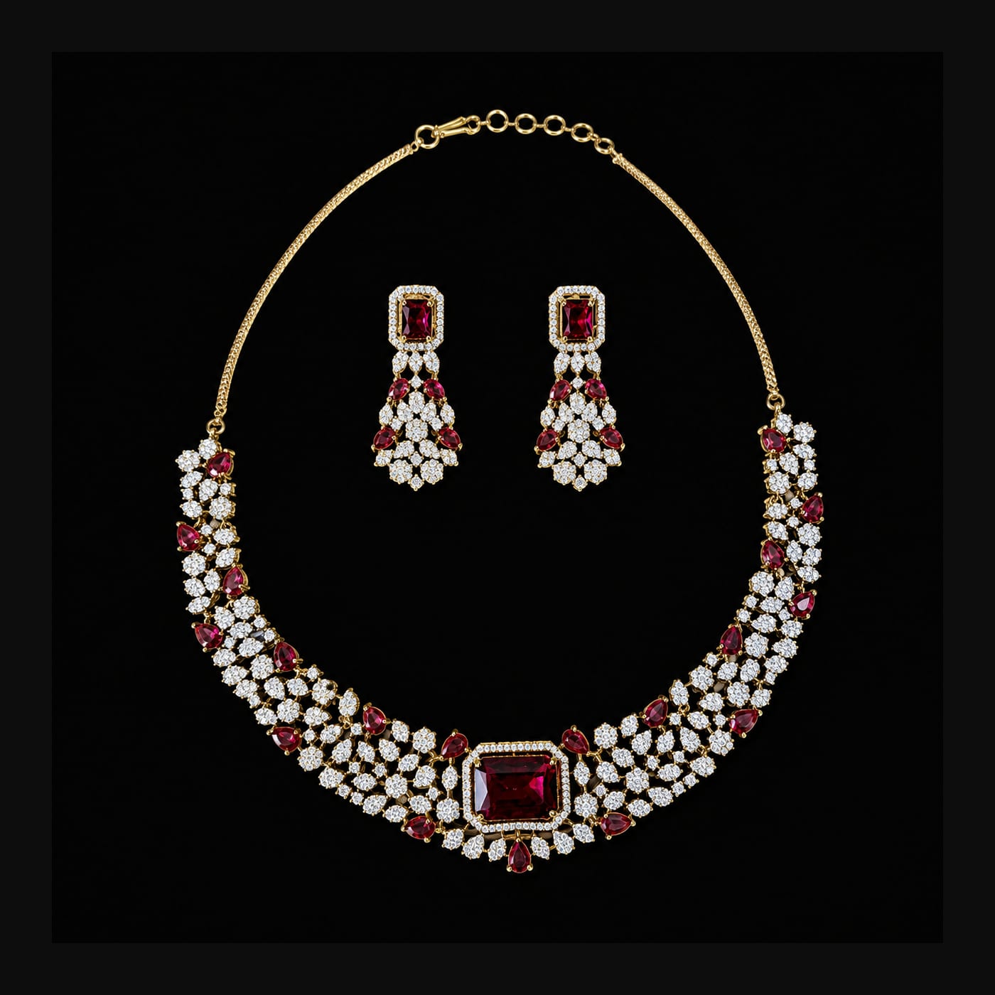 Gold CZ & Ruby Rectangle Choker Set