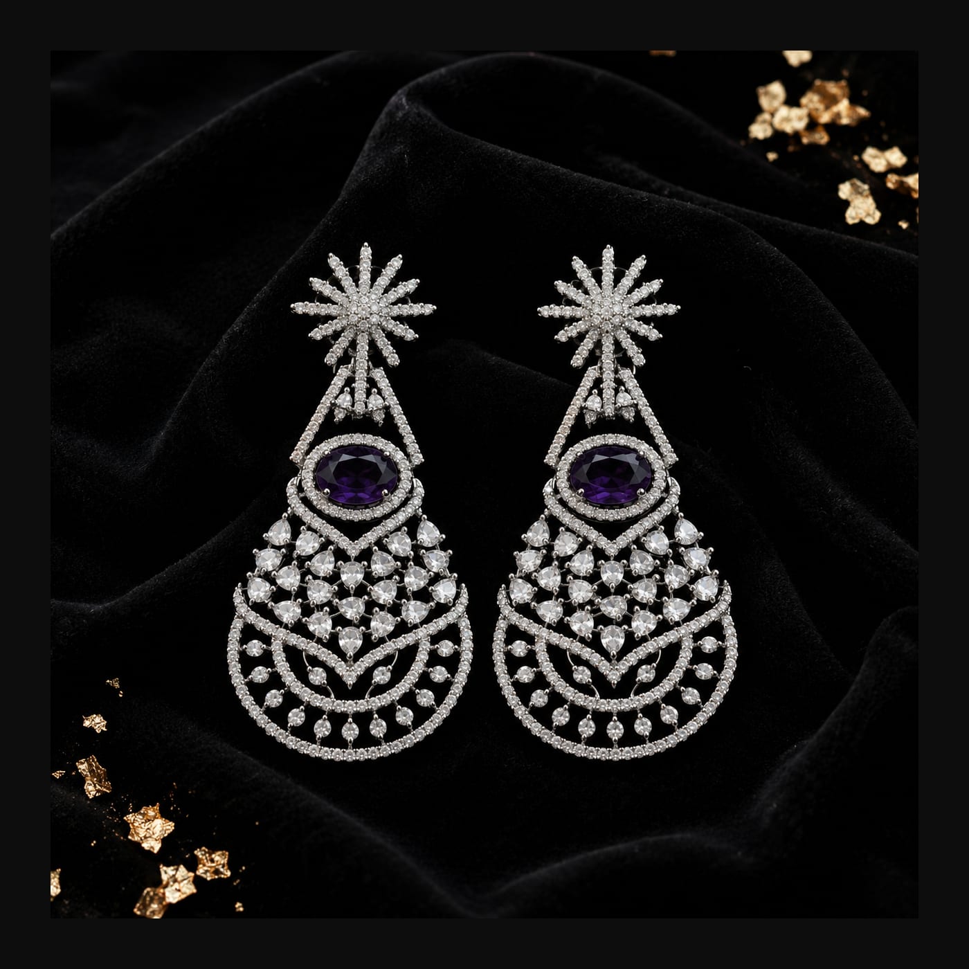 Silver Amethyst Starburst-Drop Chandelier Earrings