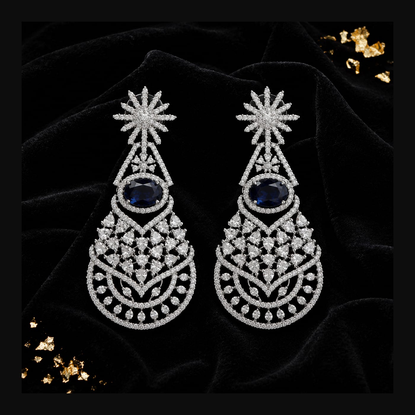 Silver Sapphire Starburst-Drop Chandelier Earrings