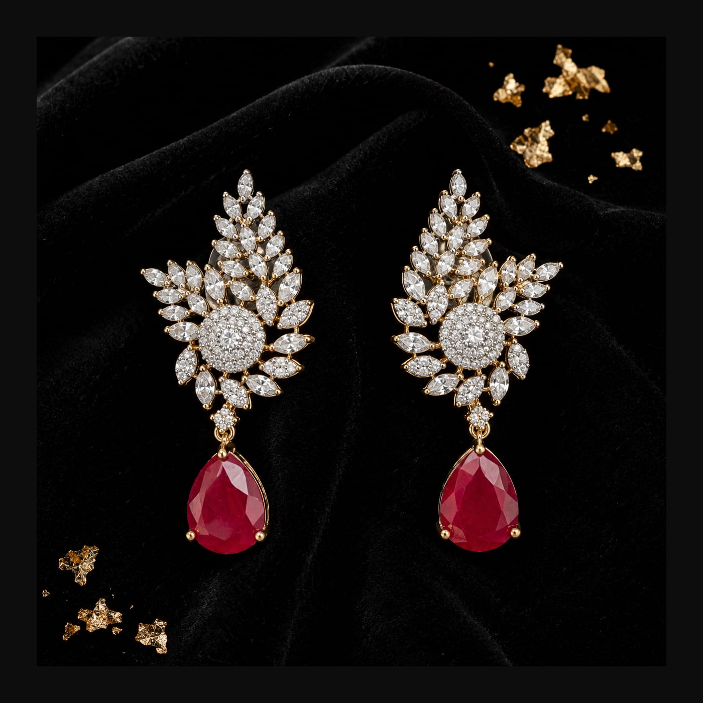 Gold Ruby Teardrop Leaf-Cluster Earrings