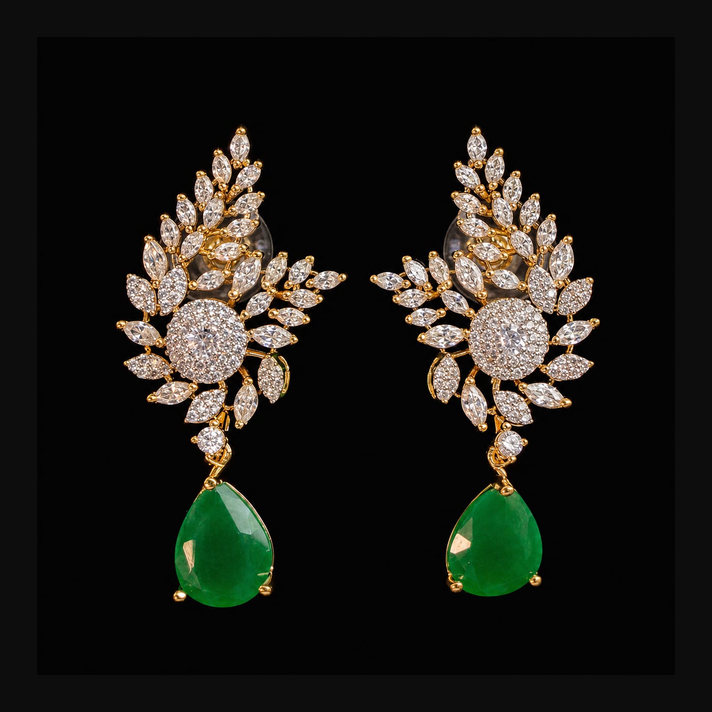 Gold Emerald Teardrop Floral-Cluster Earrings