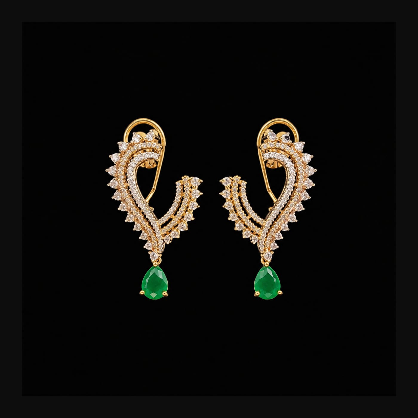 Gold Emerald Pear Wishbone Drop Earrings