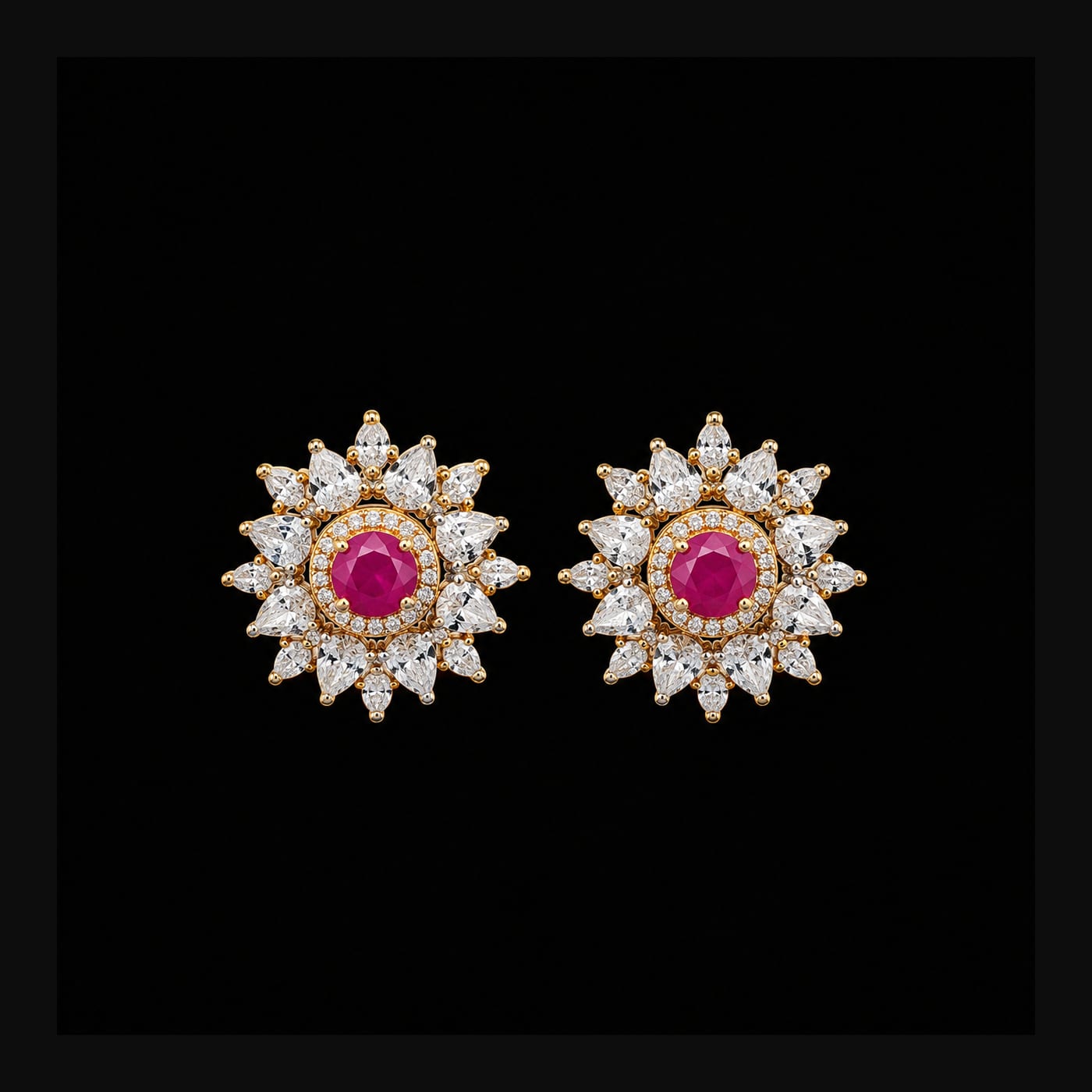 Gold Ruby Sunburst Stud Earrings