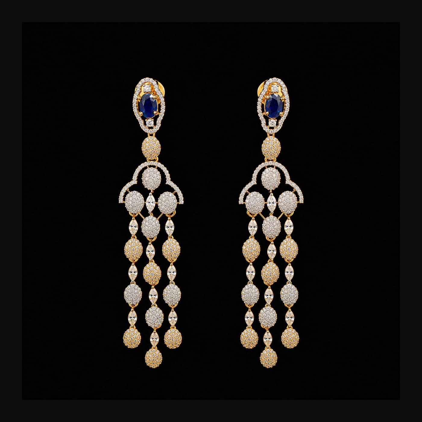 Gold Sapphire Cascade Statement Chandelier Earrings