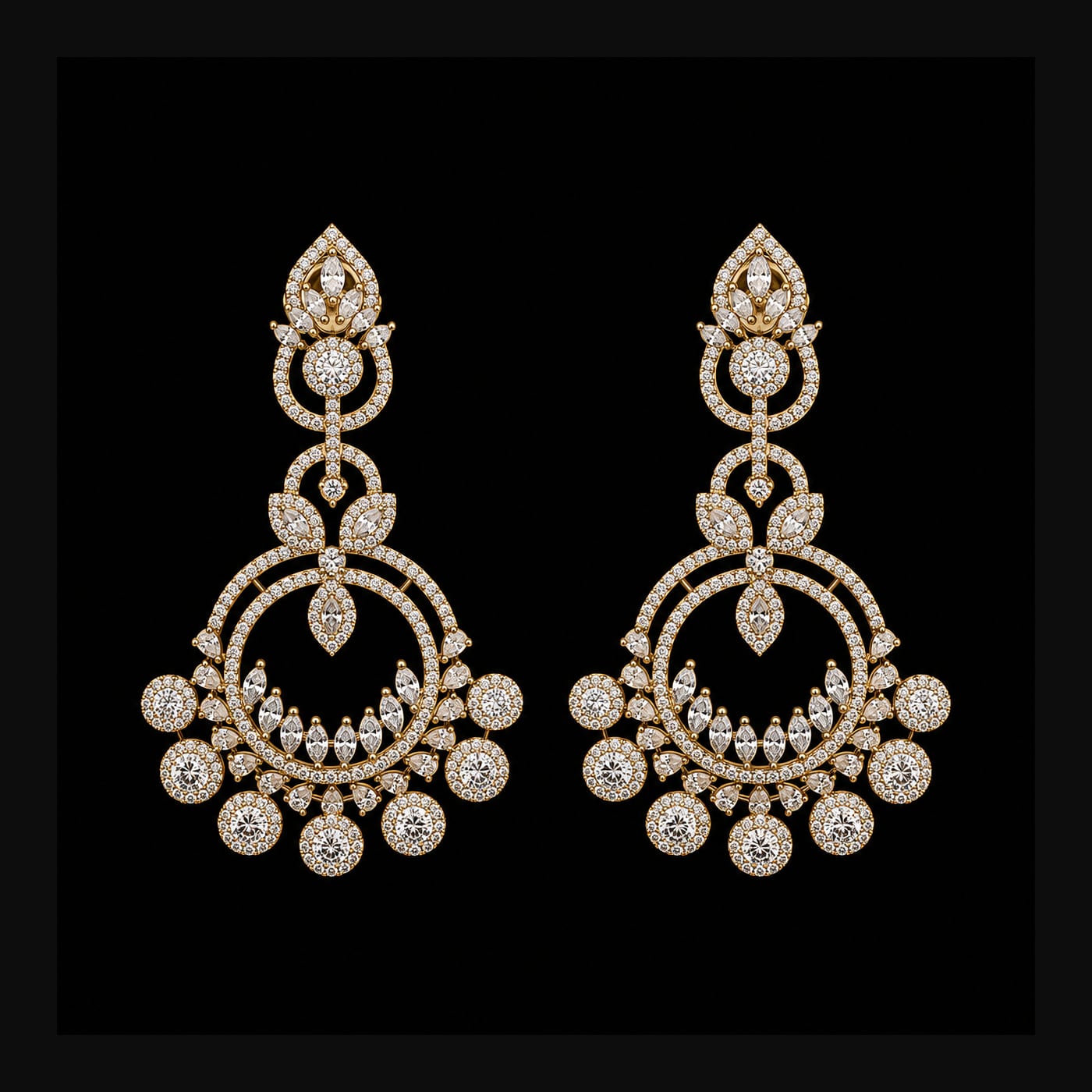Gold Crescent Cluster Chandelier Earrings