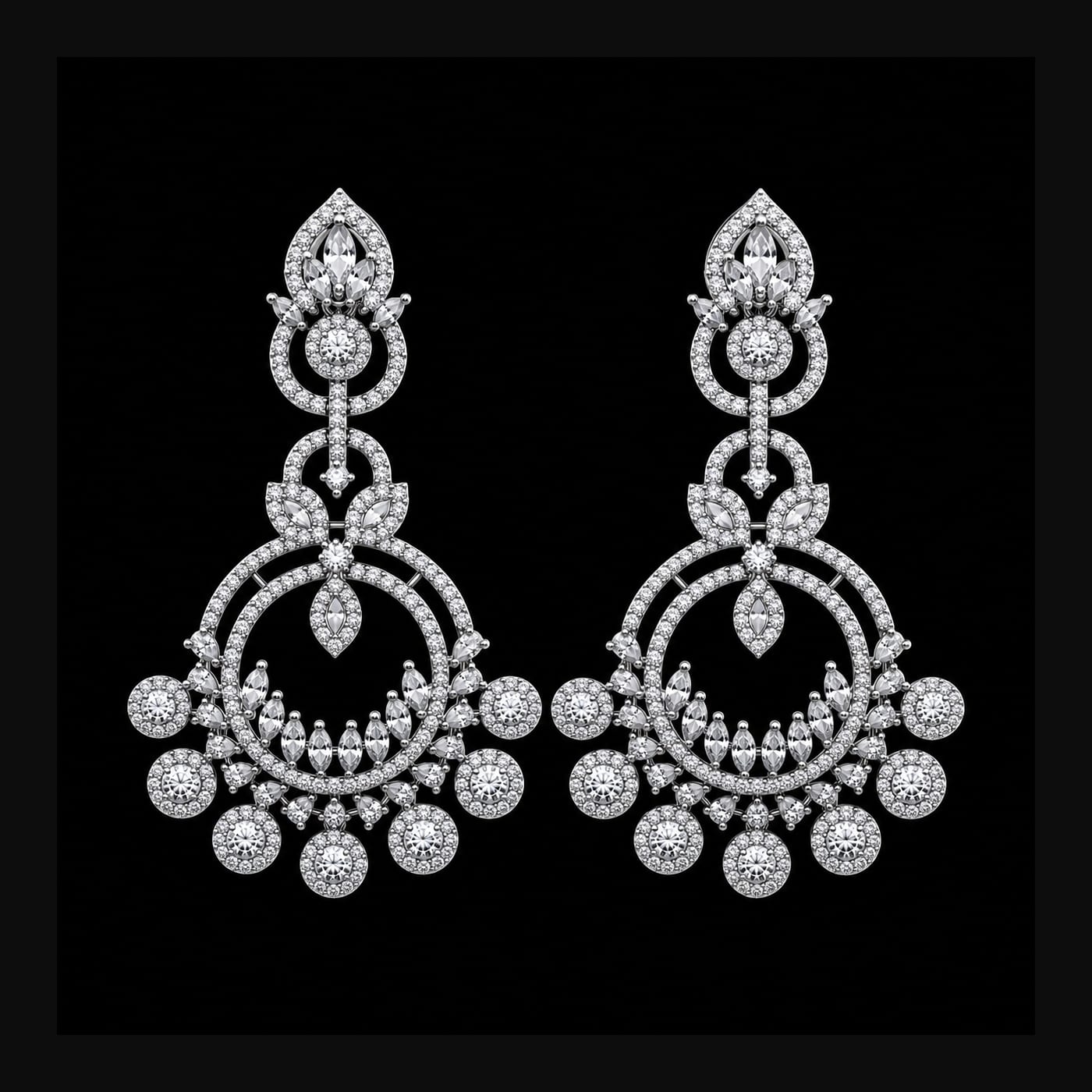 Silver Crescent Cluster Chandelier Earrings