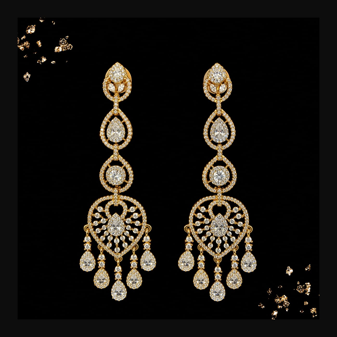Gold Peacock-Fan Fringe Chandelier Earrings