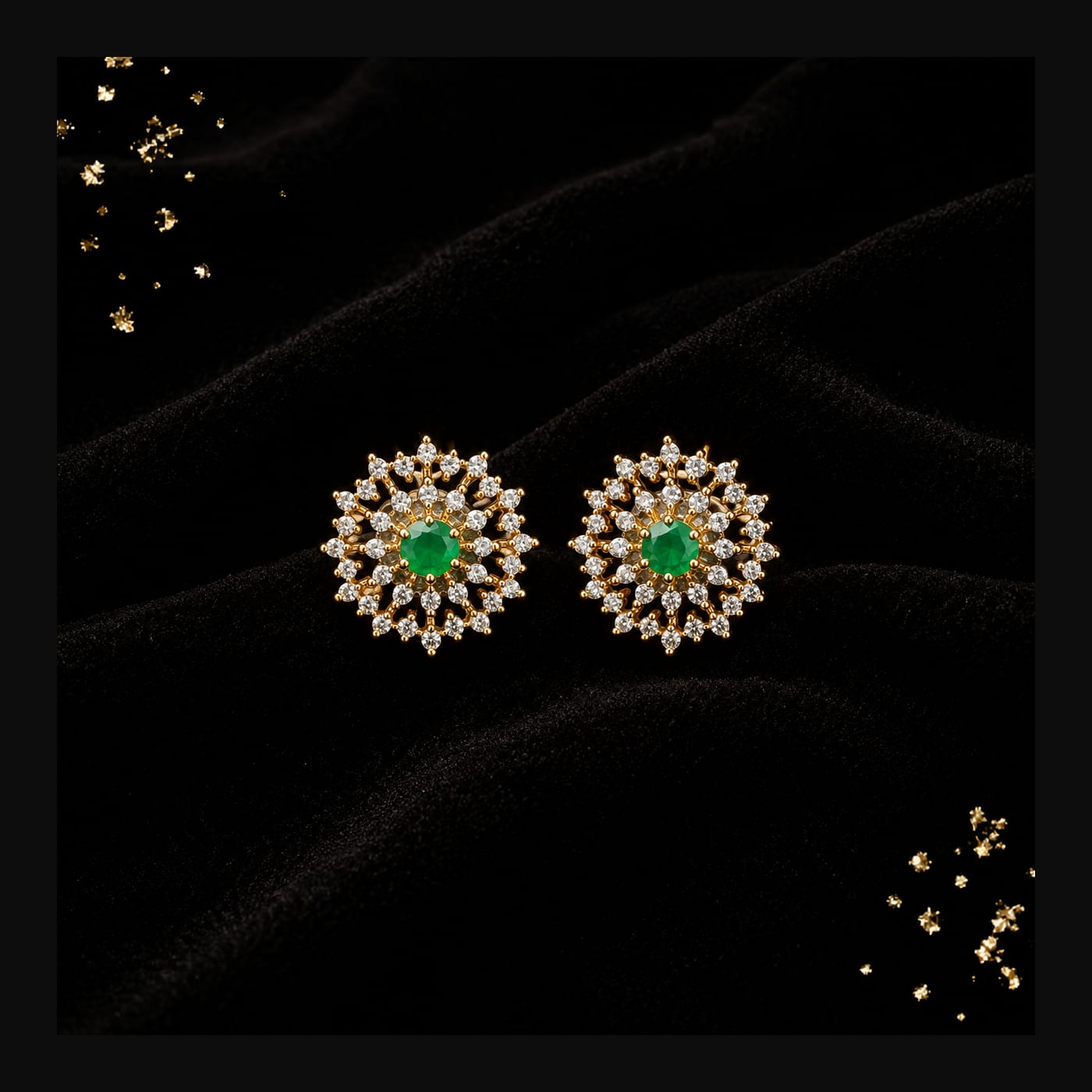 Gold Emerald Starburst Halo Stud Earrings