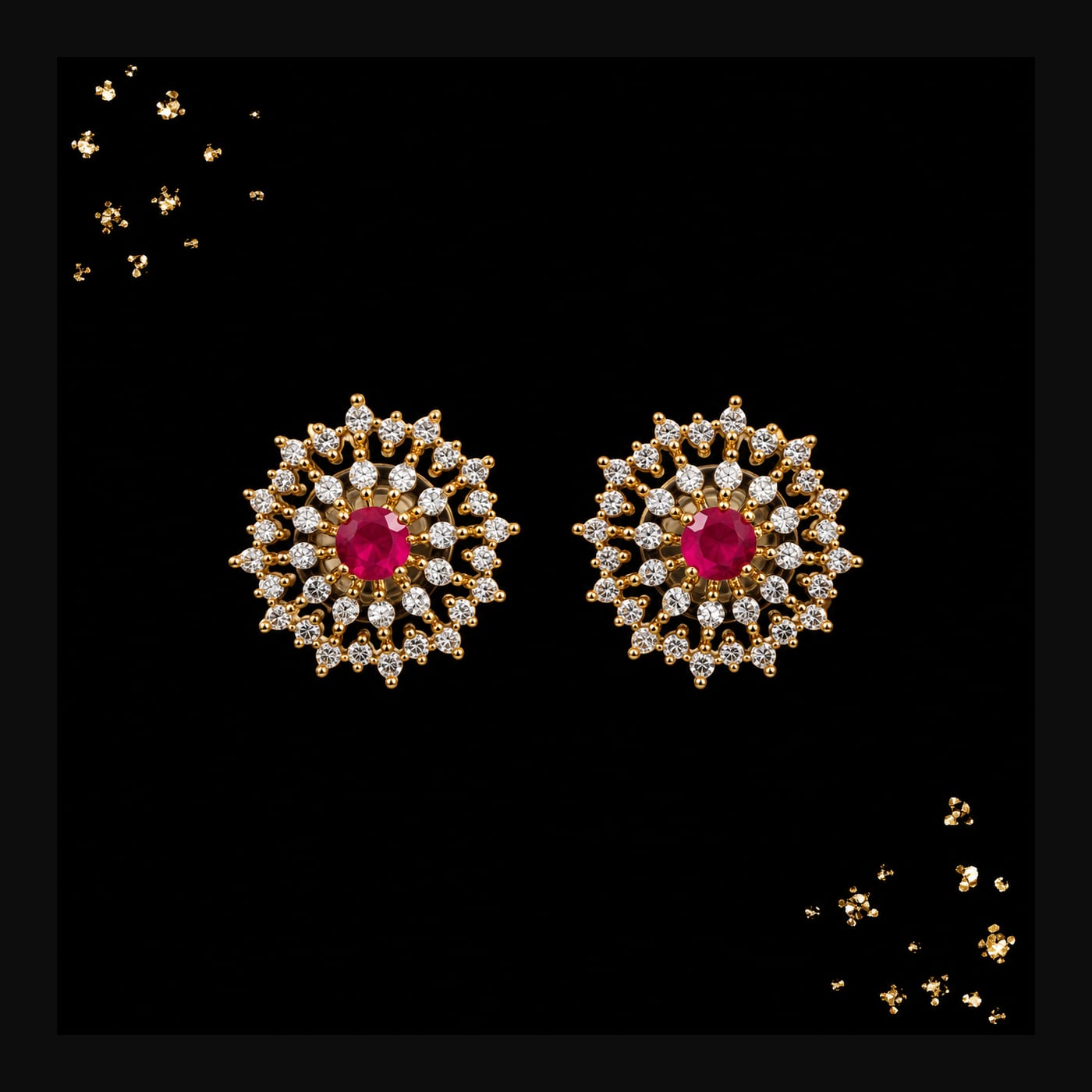 Gold Ruby Starburst Halo Stud Earrings