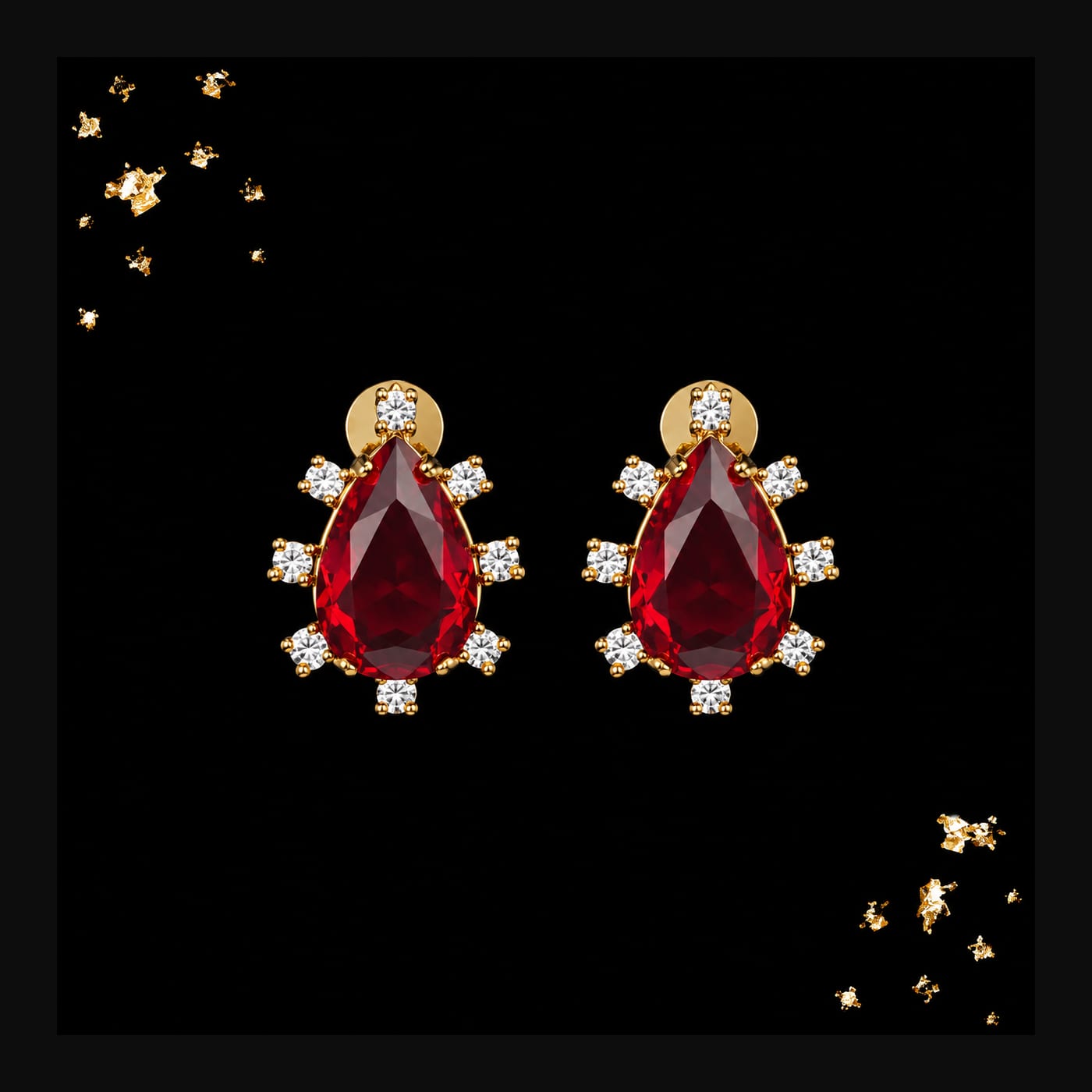 Gold Ruby Teardrop Halo Stud Earrings