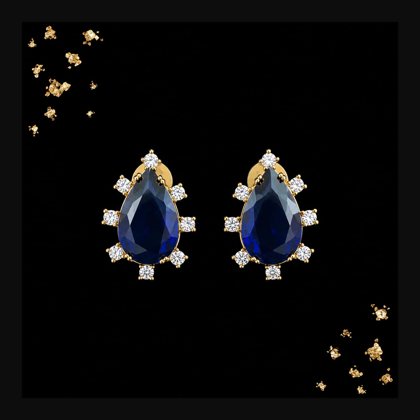 Gold Sapphire Teardrop Halo Stud Earrings