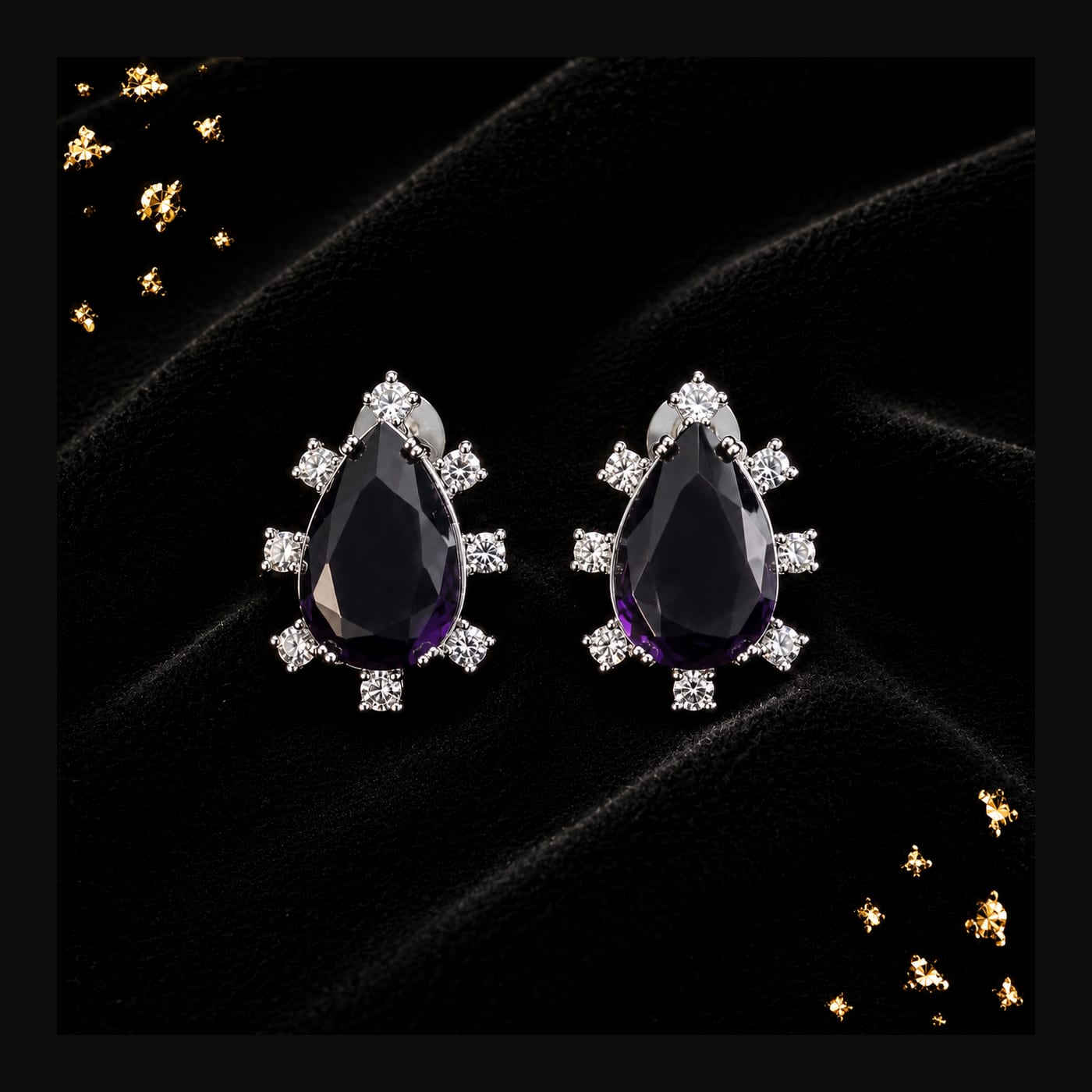 Silver Amethyst Teardrop Halo Stud Earrings