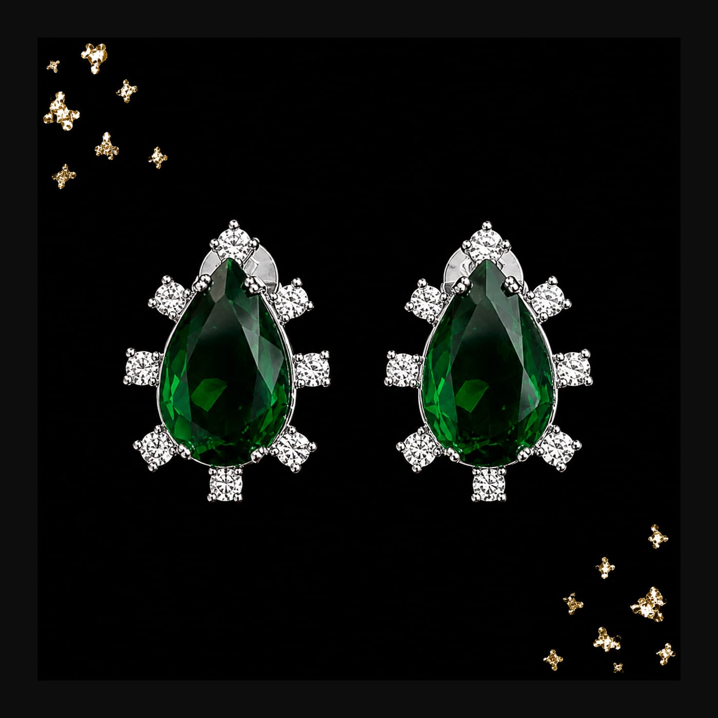 Silver Emerald Teardrop Halo Stud Earrings