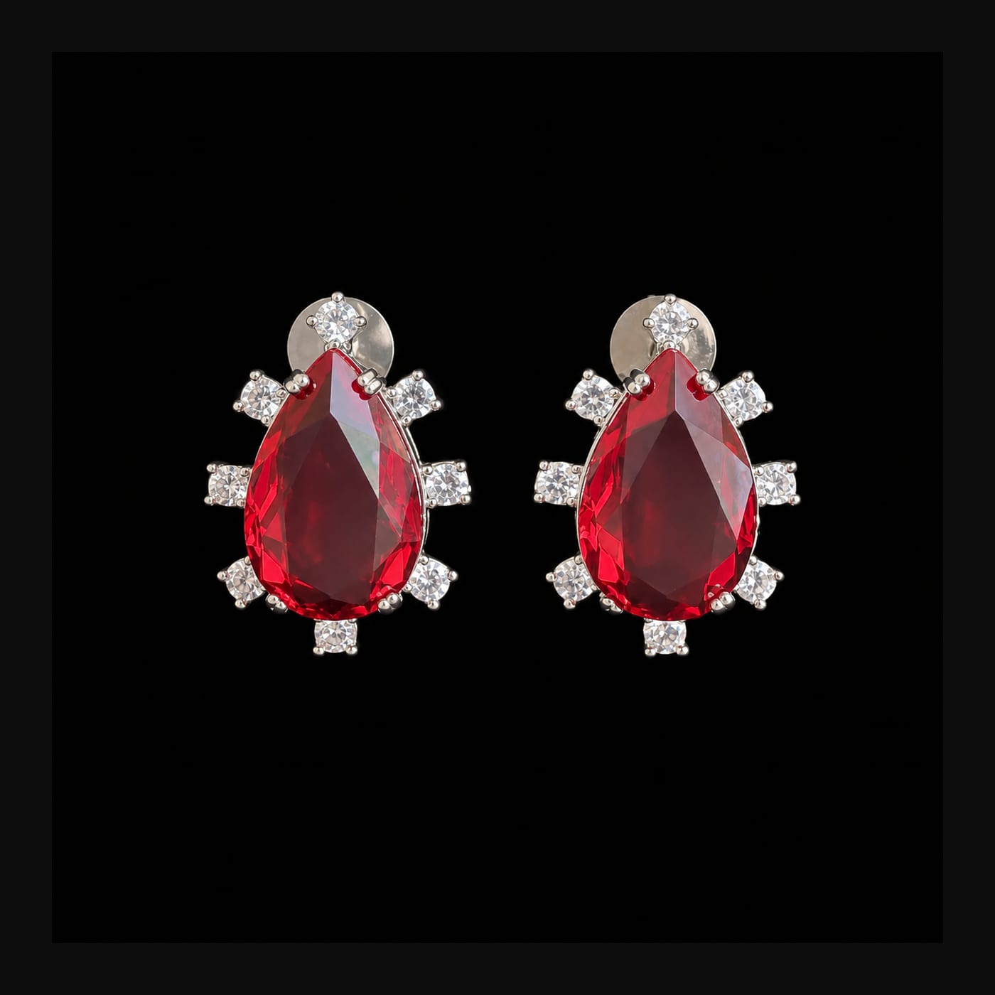 Silver Ruby Teardrop Halo Stud Earrings