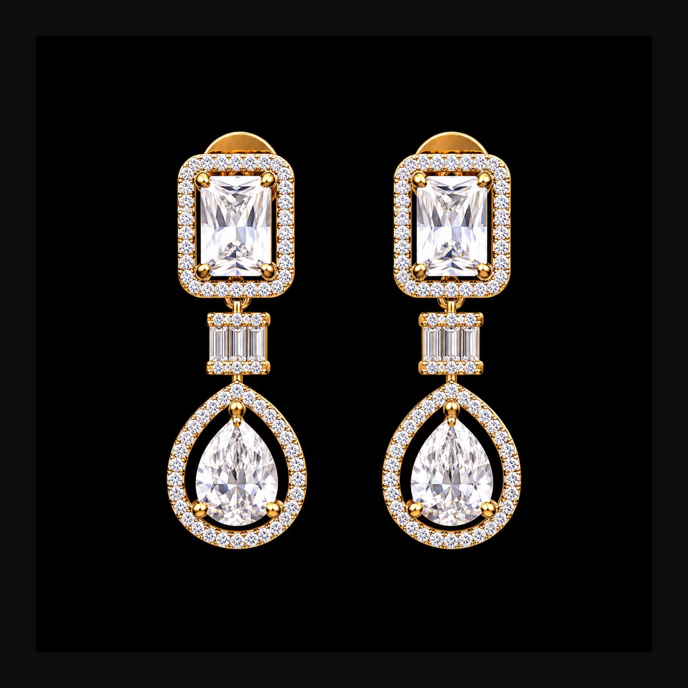 Gold Emerald-Cut & Pear Halo Drop Earrings