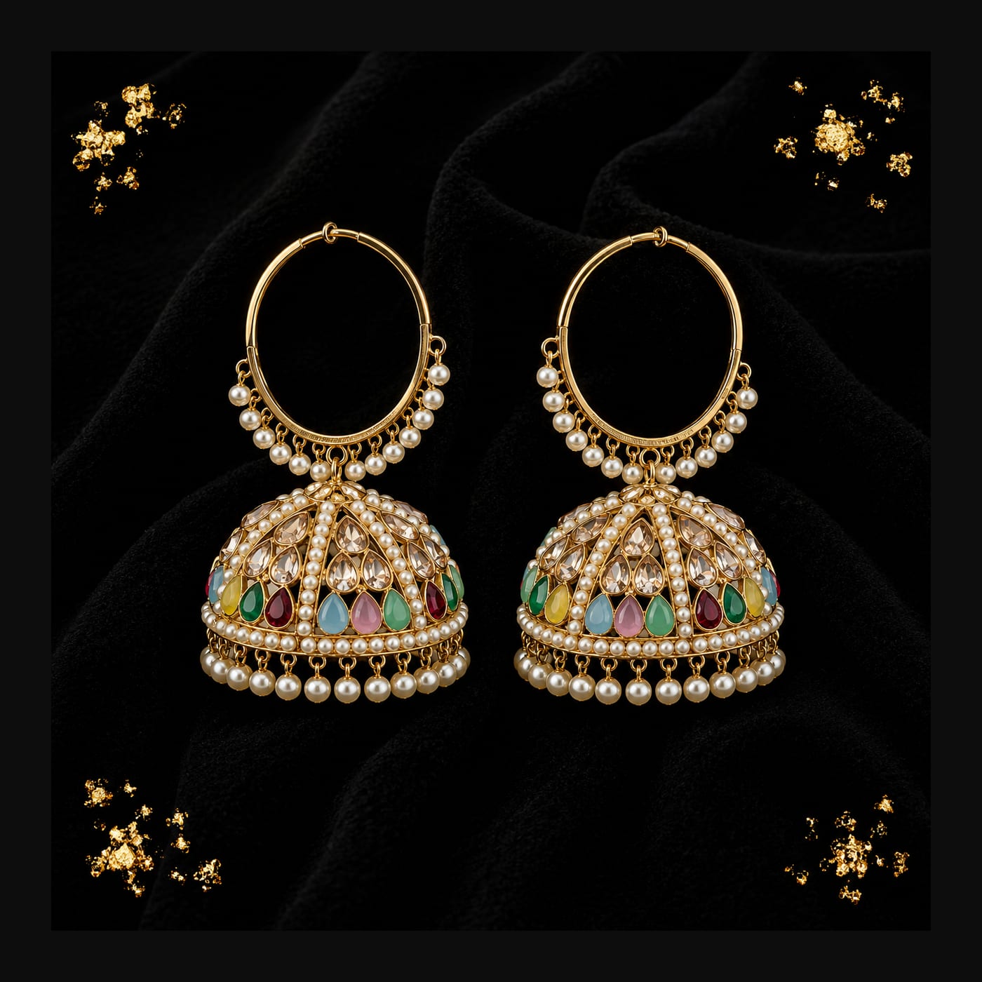 Gold Navratna Pearl Jhumka Earrings