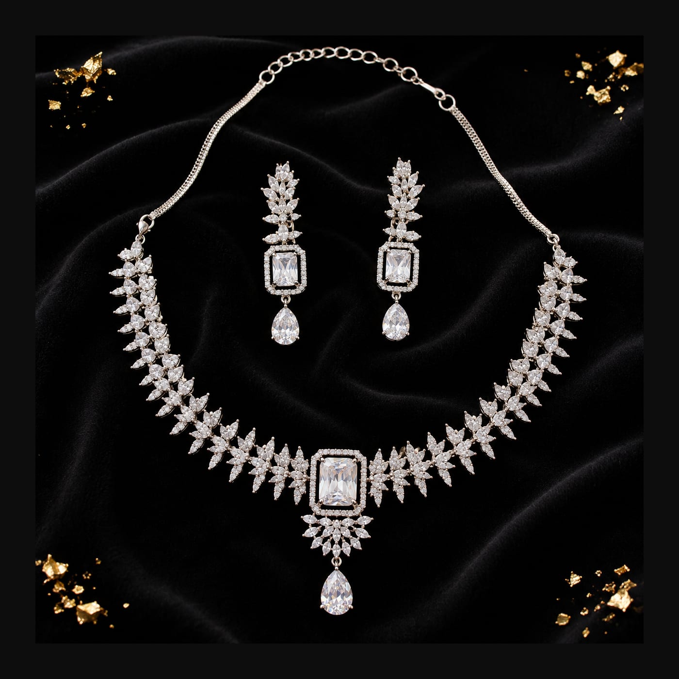 Silver Crystal Feather Necklace Set