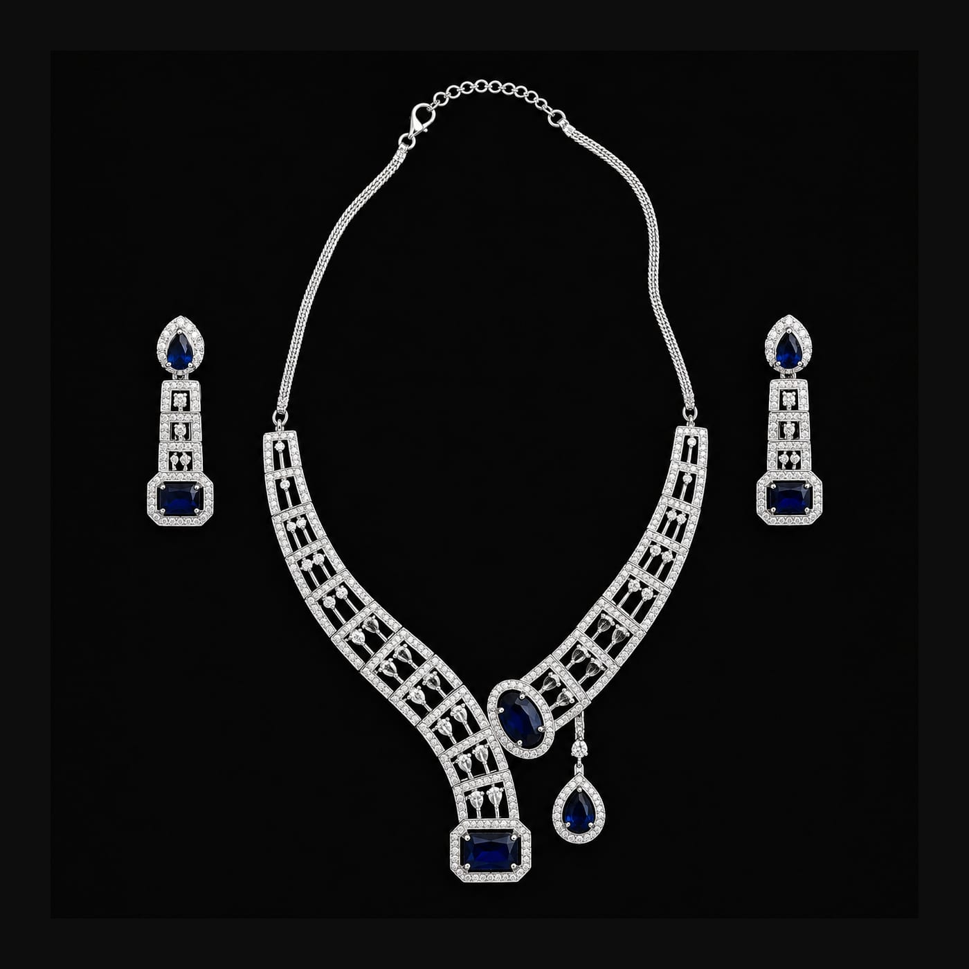 Silver Sapphire Art-Deco Necklace Set