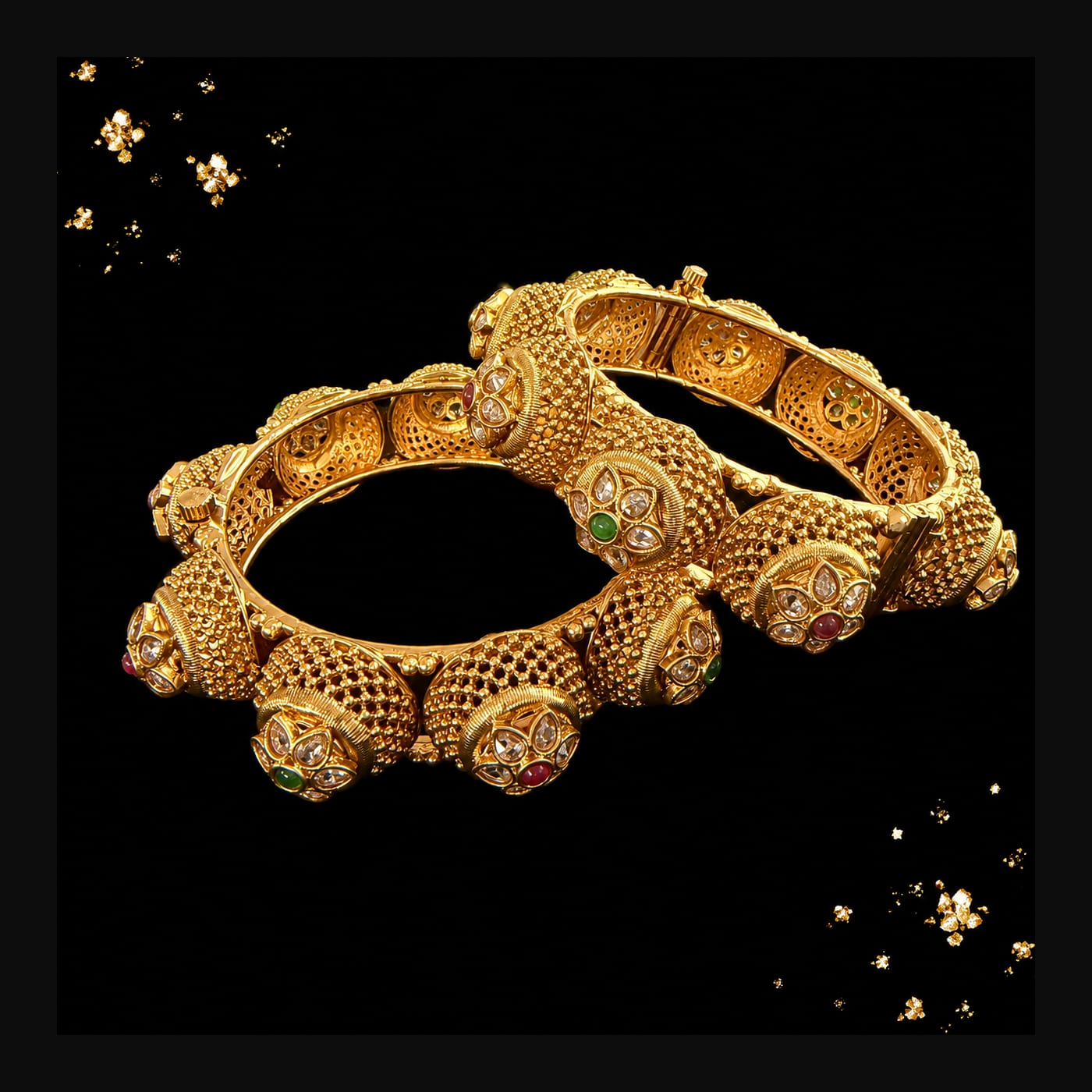 Antique Gold Pearl-Cluster Kada Bangles (Pair)