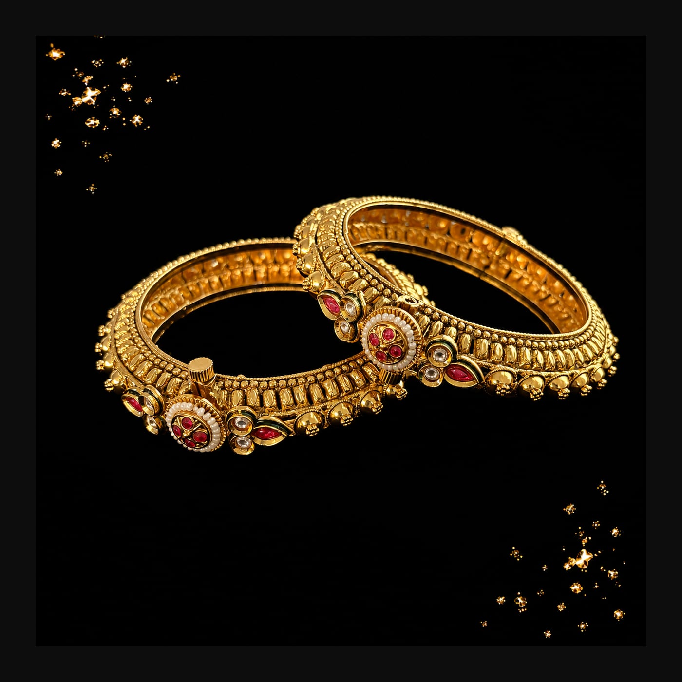 Antique Gold Temple Kundan Bangles (Pair)