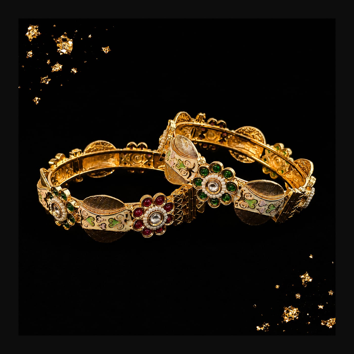 Antique Gold Meenakari Floral Bangles (Pair)