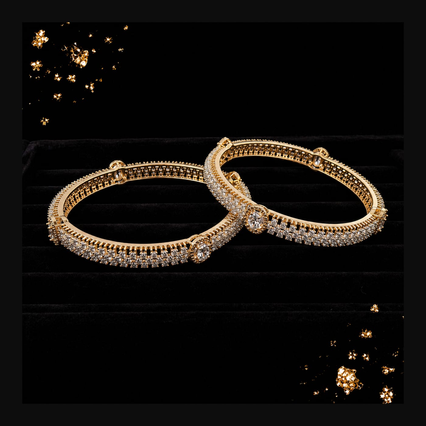 Gold CZ Pavé Solitaire Bangles (Pair)