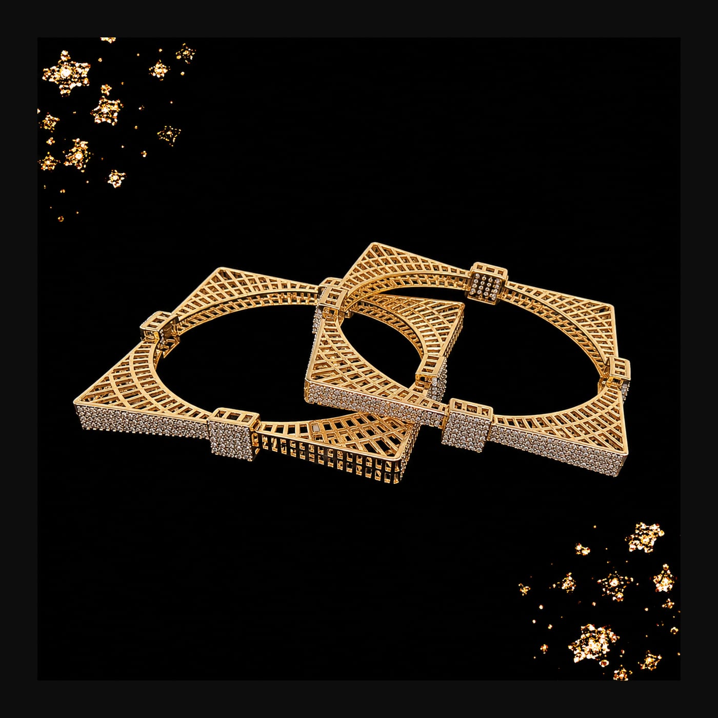 Gold Geometric Deco CZ Bangles (Pair)