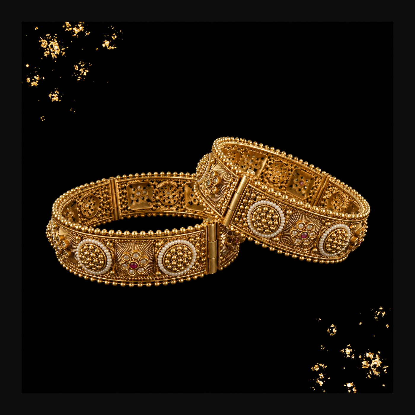 Antique Gold Beaded Kada Bangles (Pair)