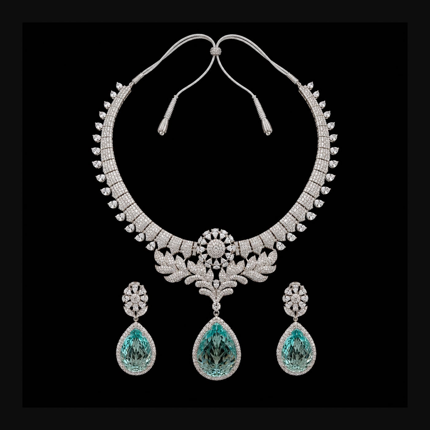 Silver CZ Floral Necklace Set with Aqua Pear Pendant